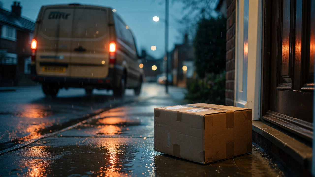 Abandoned cardboard box on a wet doorstep as a courier van drives away.