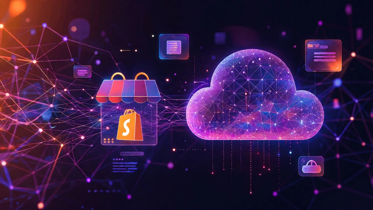 Abstract digital network connecting an online store to cloud infrastructure, representing API integration.