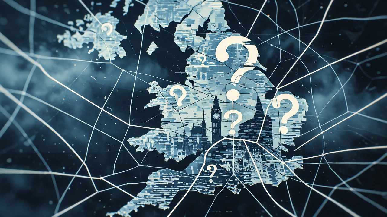 Abstract map of the UK with broken tracking lines and static interference.