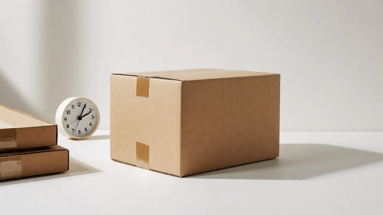 Compact packed box on table with clock showing morning time
