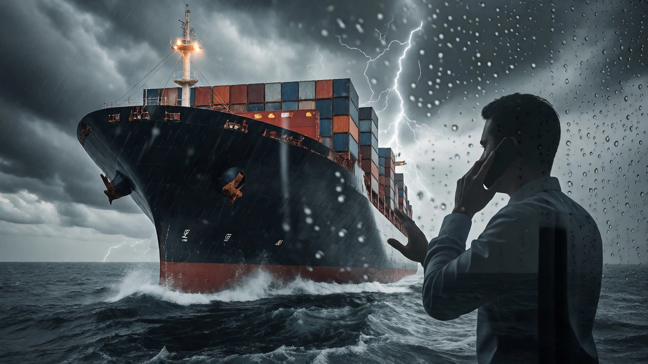 Container ship in rough seas viewed through a rainy window with a calm professional in reflection.