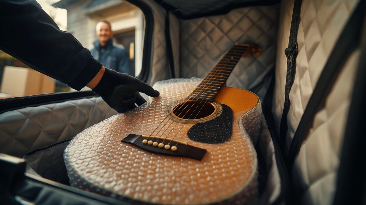 Courier carefully loading a wrapped guitar into a vehicle for safe delivery.