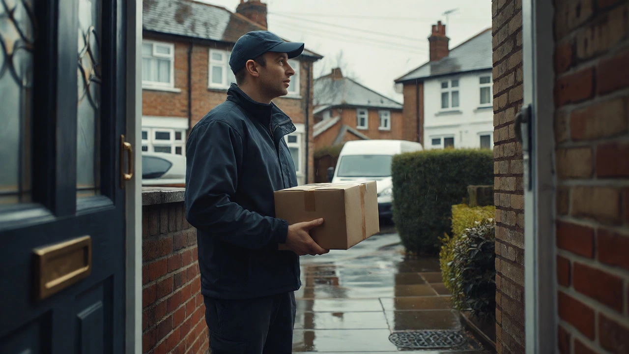 Delivery driver handing a parcel to a customer in the rain