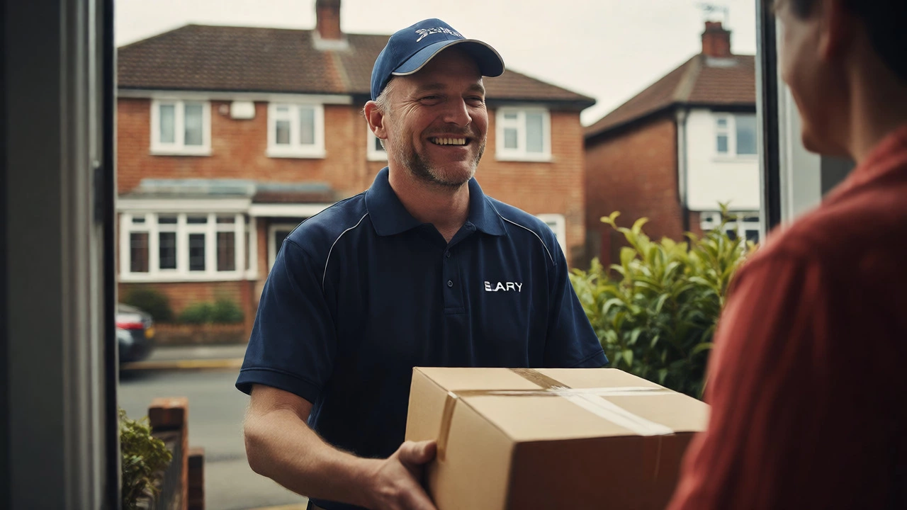 Delivery driver smiling while handing a package to a customer