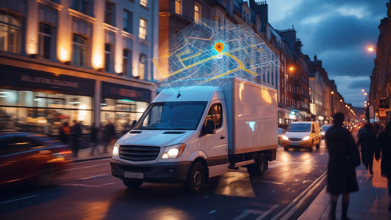 Delivery van speeding through London streets with a holographic GPS tracking overlay.