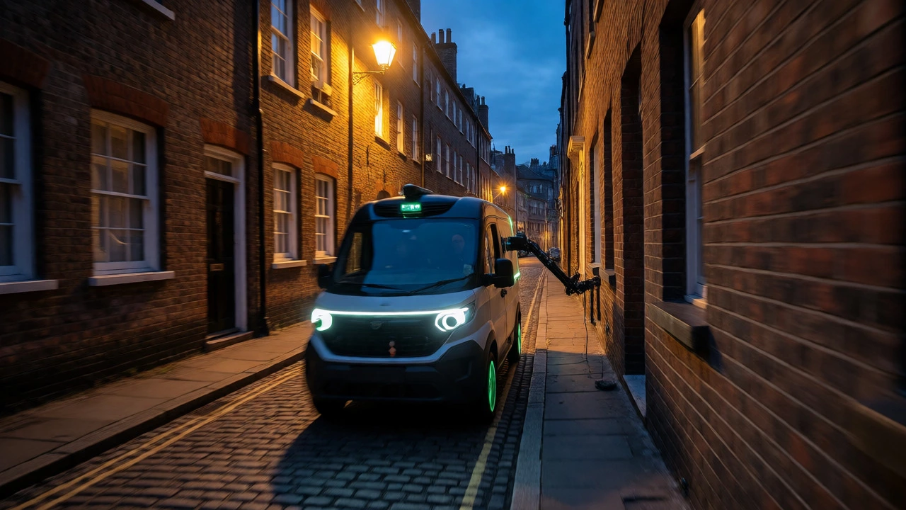 Electric delivery van navigating a narrow UK city street during twilight for last-mile delivery