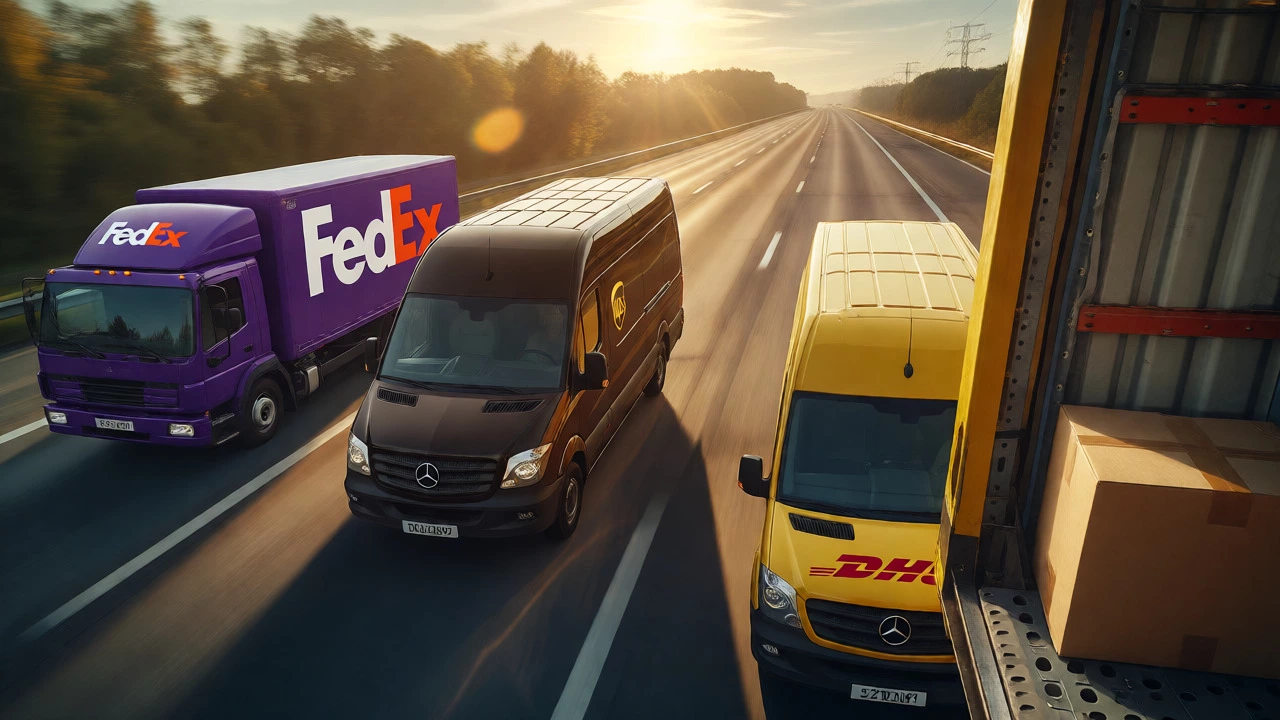 FedEx, UPS, and DHL vehicles driving on highway at dawn