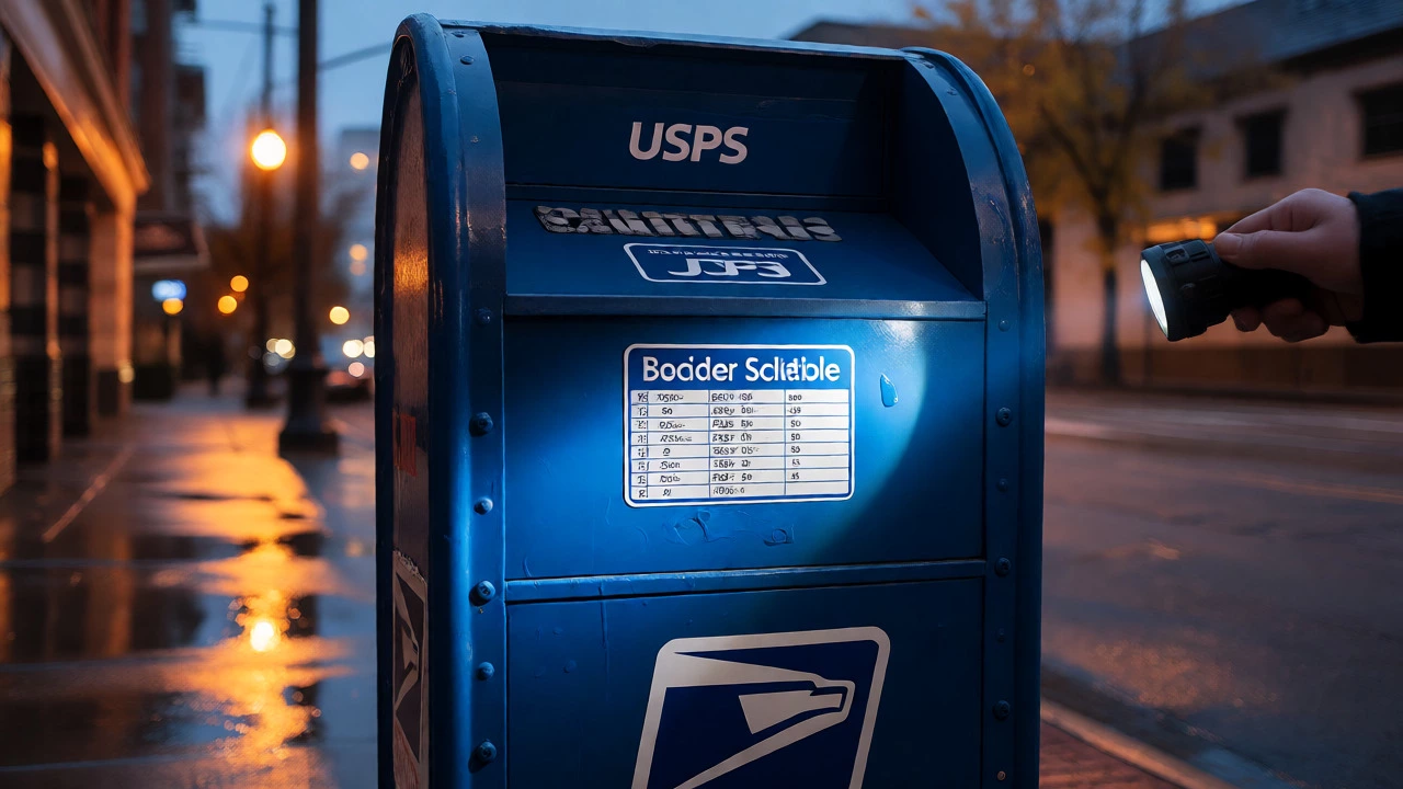 Flashlight illuminating collection schedule on blue USPS mailbox