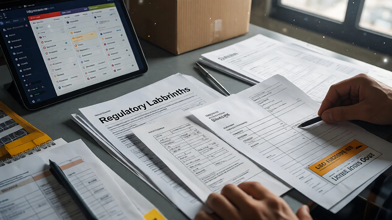 Hands checking shipping documents next to a tablet showing logistics analytics software.