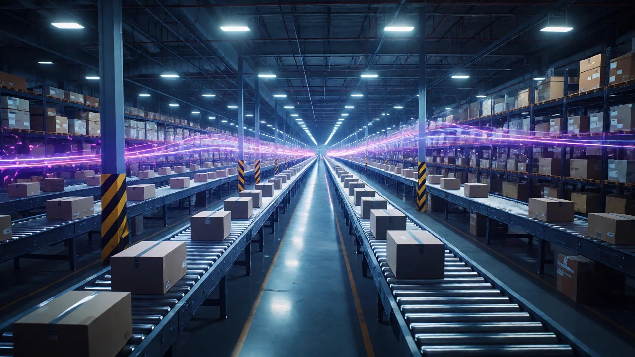 High-tech logistics warehouse at night with automated conveyors and digital tracking lights.
