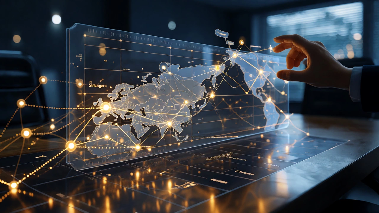 Holographic global trade map with glowing nodes over a conference table representing data-driven logistics.
