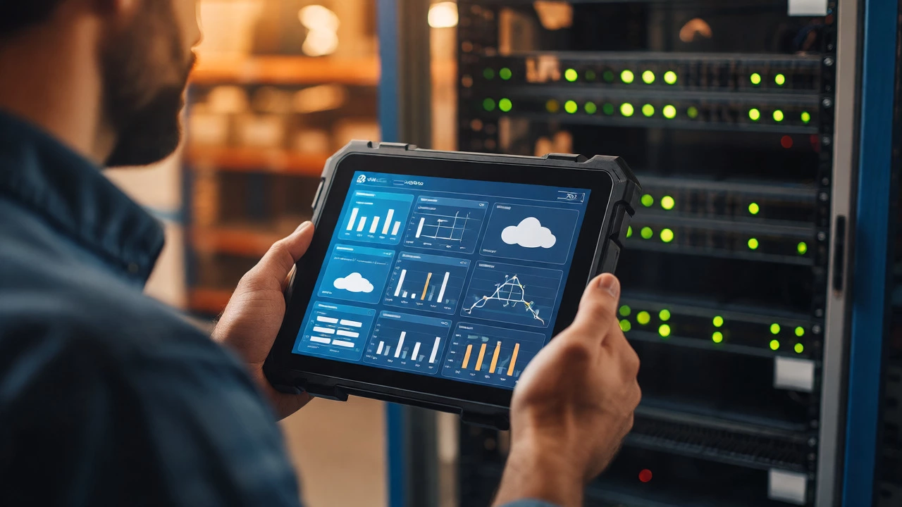 Manager using a tablet with cloud server racks in the background