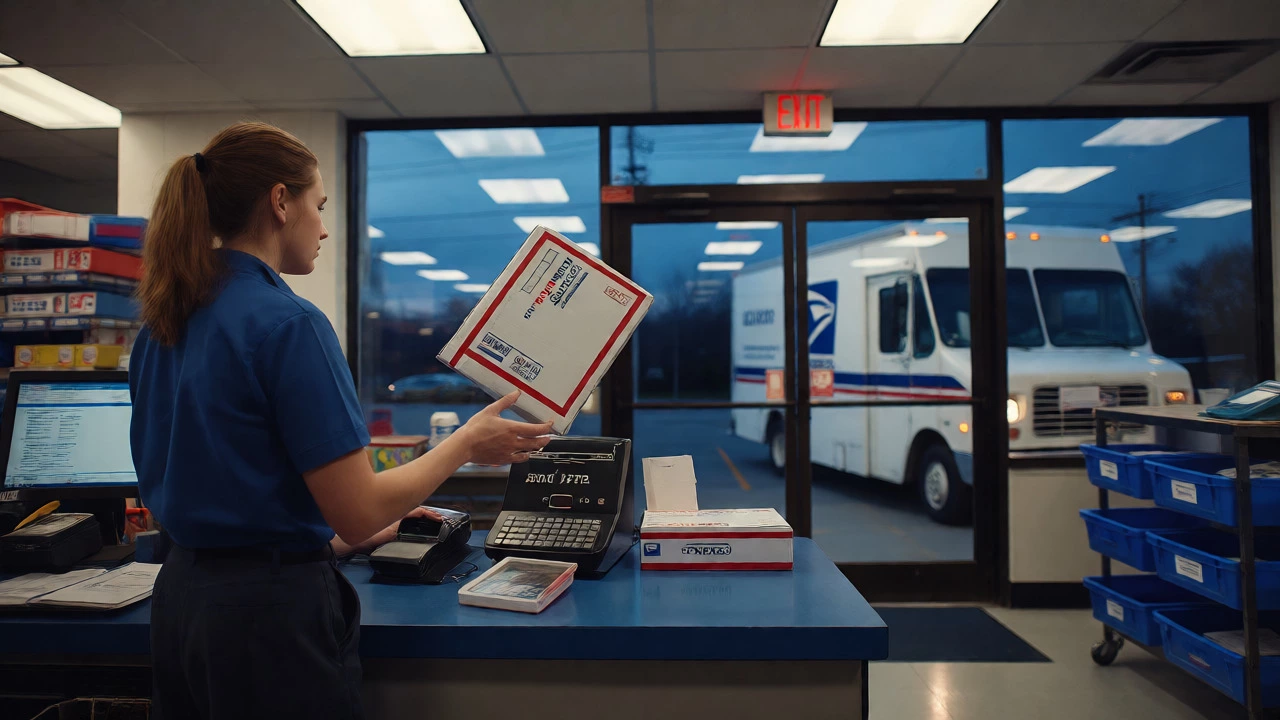 Postal clerk scanning package as delivery truck leaves post office