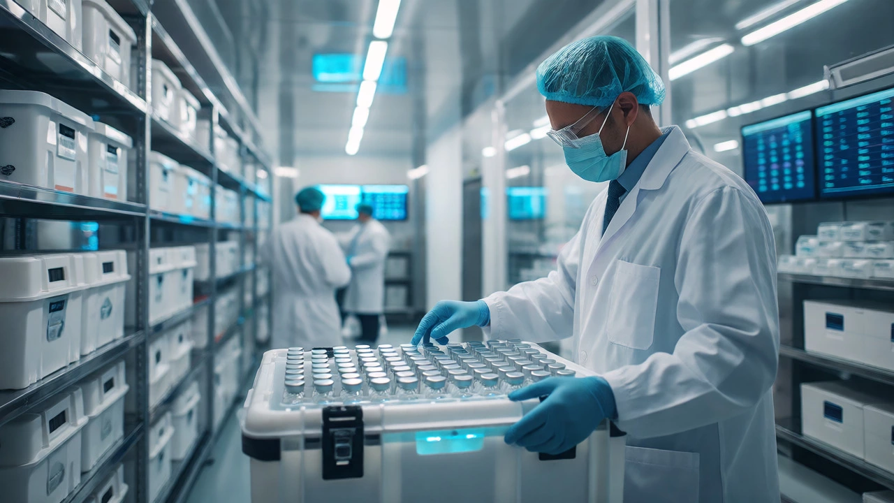 Specialist inspecting temperature-controlled pharmaceutical shipments in a clean warehouse.