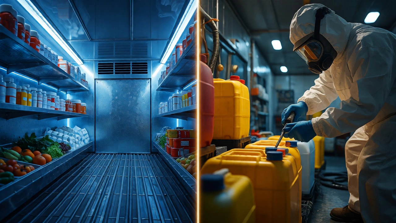 Split view of refrigerated pharmaceuticals and hazardous material transport highlighting niche logistics