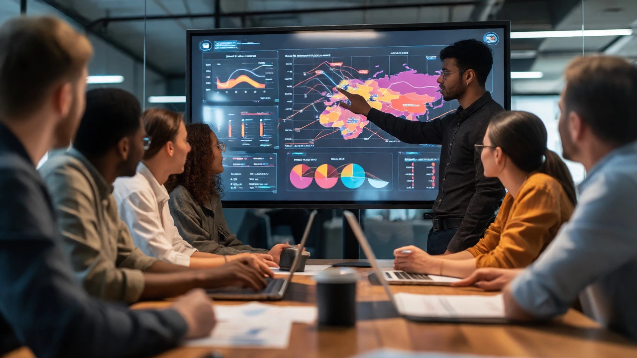 Team analyzing global supply chain data on an interactive touch-screen wall