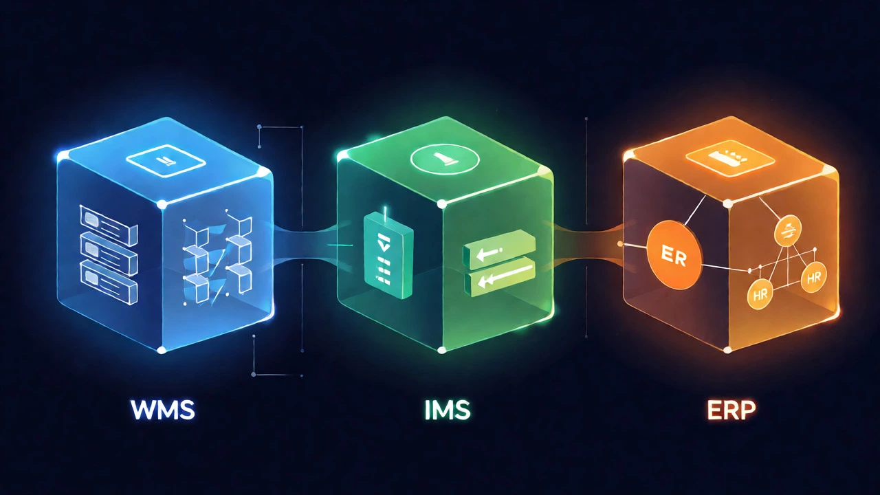 Three glowing cubes representing WMS, IMS, and ERP software concepts
